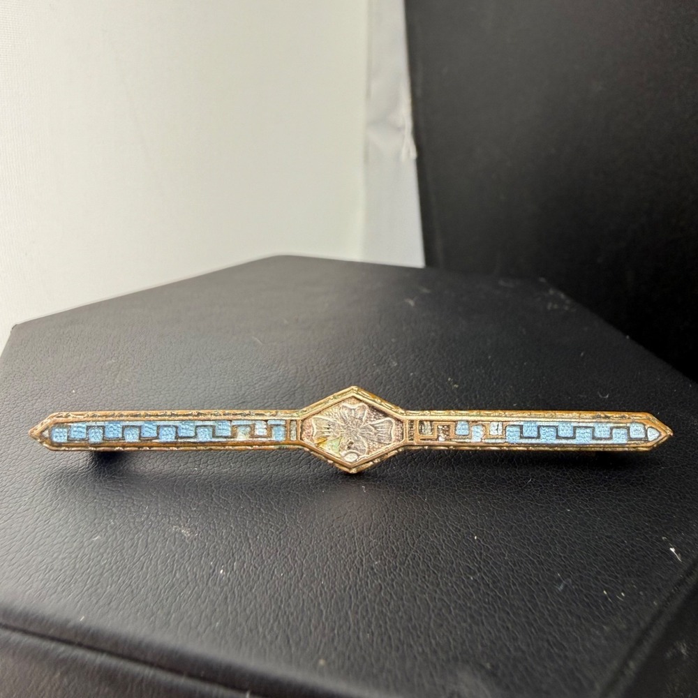 Vintage Bar Brooch Gold Tone Blue Enamel Art Deco Revival